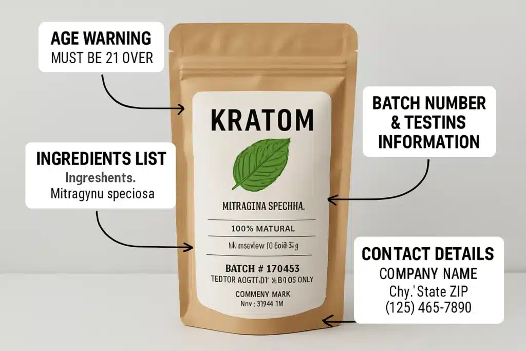 Kratom packaging with details and warnings