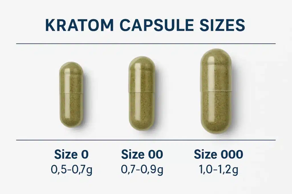 Different sizes of kratom capsules